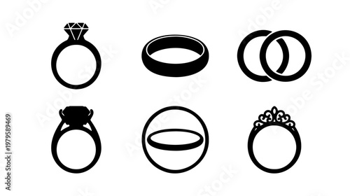 Wedding ring icon set, black diamond engagement rings, 6 jewelry vector silhouettes