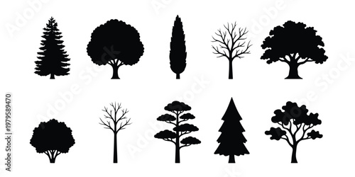 Black tree silhouettes set, collection of 10 forest and garden tree icons, minimalist botanical vector elements for landscape design and mapping