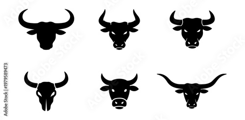 Bull head silhouette collection, 6 black cattle icons, longhorn and buffalo vector set