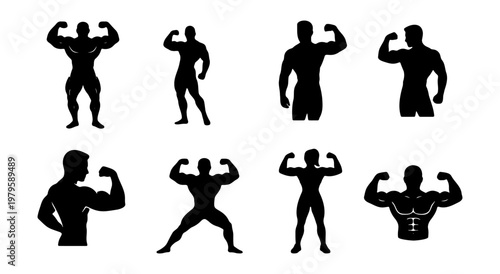 Bodybuilder silhouette collection, 8 muscular male athlete icons, fitness gym vector set