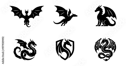 Foto Mythical dragon silhouette set, 6 fantasy creature icons, black dragon vector gr
