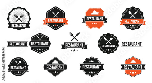 Collection of restaurant logos and labels with utensils and food icons