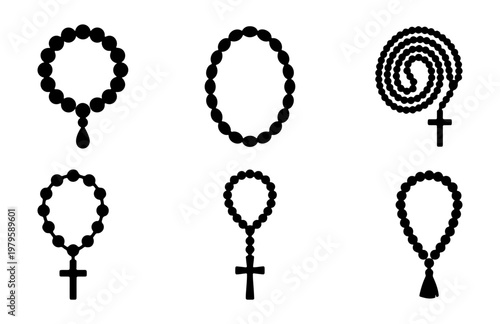 Religious rosary beads icon set, catholic prayer necklace vector, 6 spiritual elements