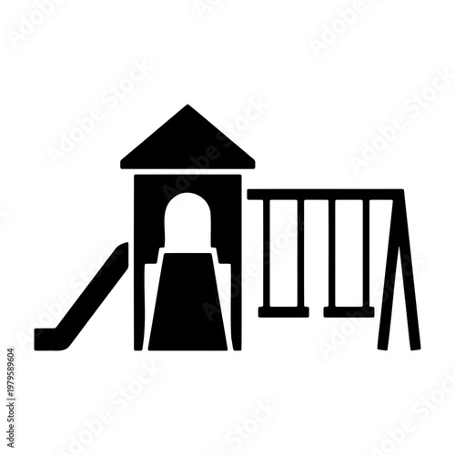 Playground equipment silhouette, park play set with slide and swings, black vector icon