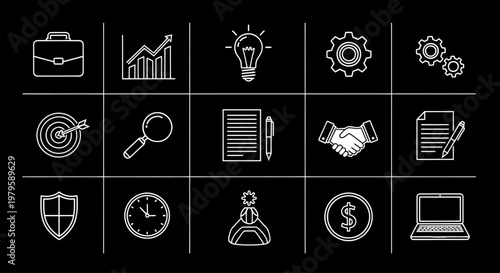 Business Icons Set: Strategy, Finance, Success, Teamwork, Technology