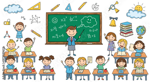 A colorful cartoon illustration of a classroom scene with a teacher and students at their desks, surrounded by educational icons and symbols