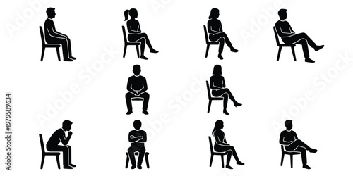 Sitting people silhouettes set, 10 black vector icons of men and women on chairs, diverse seated poses for architectural scale and interior design