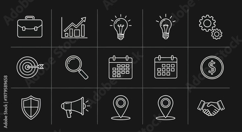 Business Icons Set: Strategy, Planning, Finance, Marketing & Security Concepts