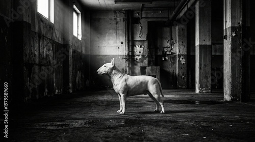 White Bull Terrier dog stands in desolate industrial warehouse, concrete floor, natural light. Moody black and white profile, powerful animal, urban decay.