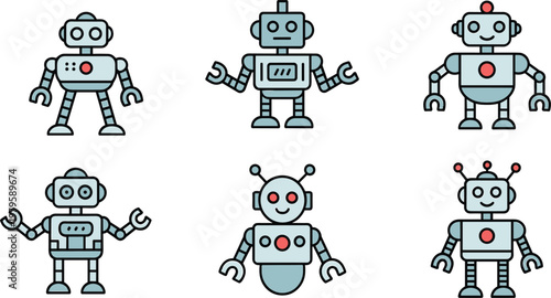 Cute vintage robot character icon set with retro mechanical androids and artificial intelligence for technology and toy concept vector illustration.