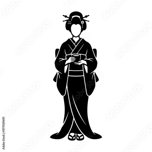 Japanese geisha vector silhouette, traditional woman in kimono, maiko holding tea cup