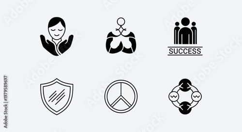 Business Icons Set: Success, Teamwork, Shield, Peace, Care, Community