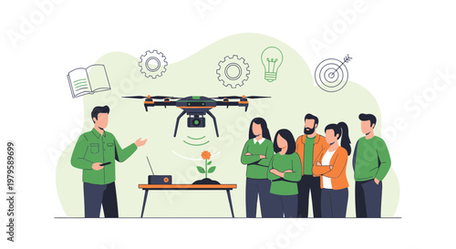 Innovative presentation showcasing drone technology to diverse audience with plant monitoring focus