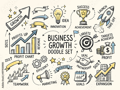 Business growth doodle set with various icons and symbols for success, profit, and achievement on a beige background