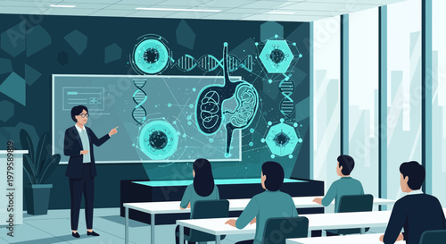 Innovative science classroom showcasing advanced medical technology with teacher educating