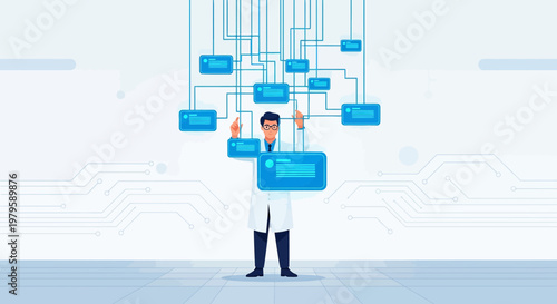 Innovative scientist controlling virtual interface, leading digital transformation process