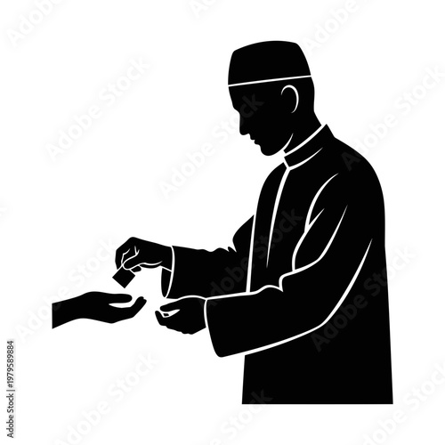 Muslim man giving charity to needy person silhouette vector illustration for ramadan kareem.