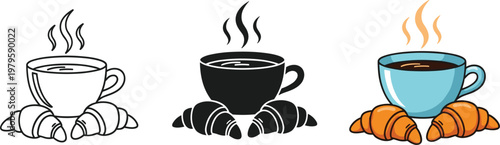Coffee Cup and Croissant Illustration Set with Hot Beverage Icons in Outline Silhouette and Color Styles for Cafe Breakfast Design
