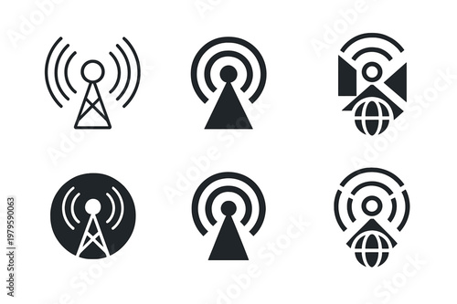 Mass Communication Icons. Mass communication theory. Icon set. Set Logo of mass communication theory: radio tower emitting global signals. harmonious logo