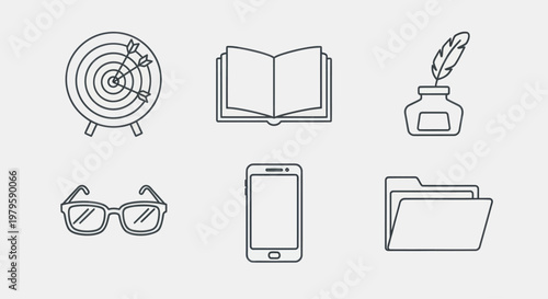 Business Icons: Target, Book, Inkwell, Glasses, Smartphone, Folder Set