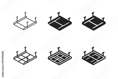 Ceiling Installation Logos. Ceiling installation diagram. Icon set. Set Logo of Ceiling installation diagram: suspended ceiling grid with T-bars. harmonious