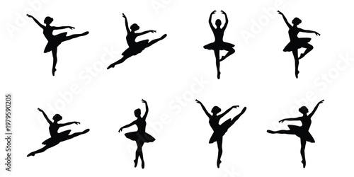 Ballerina silhouette collection, set of 8 graceful ballet dancer vectors, elegant female performers in tutu and pointe shoes, artistic dance poses
