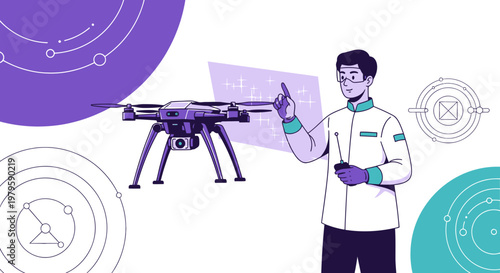 Innovative tech: A scientist controlling advanced drone technology in a stylized environment