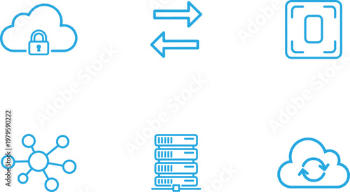 Technology Icons: Cloud Security, Data Transfer, Network Hub, Server Rack