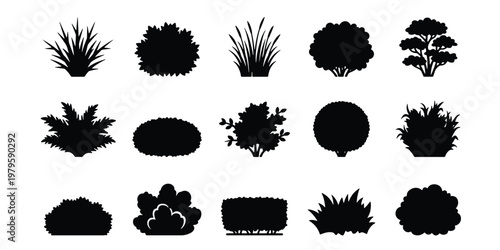 Black bush silhouette set, 15 garden plant and shrub icons, minimalist landscape greenery vector elements for architectural site plans and landscaping
