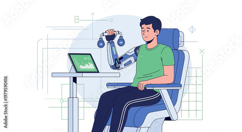 Innovative Technology: Man with Bionic Arm Examining Data on a Laptop in a Futuristic Setting