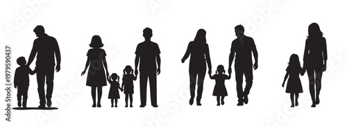 Silhouettes of families walking together parents with children black and white background silhouette children