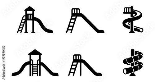Playground slide icon set, black park equipment vectors, 6 outdoor recreation symbols