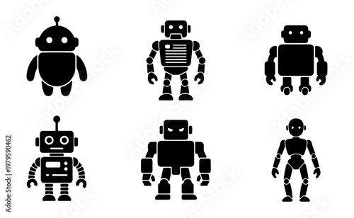 Robot icon set, black silhouette android characters, 6 mechanical bot vector elements