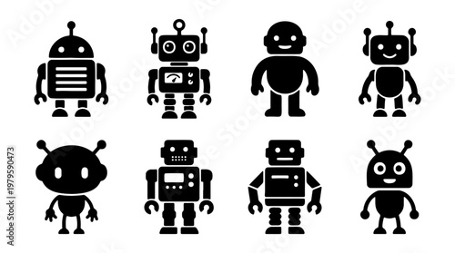 Retro robot icon set, 8 black silhouette android vectors, vintage toy robot collection