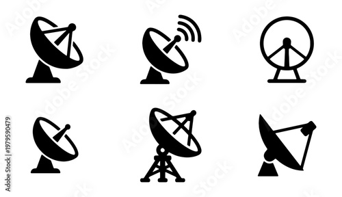 Bild auf Leinwand Satellite dish icon set, 6 black vector antenna symbols, telecommunication equip