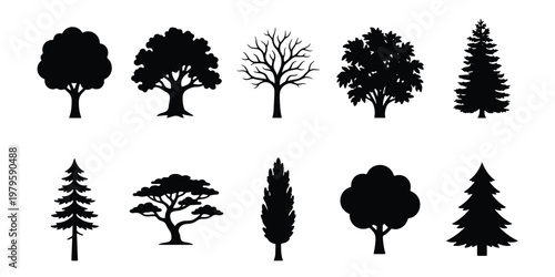 Black tree silhouettes collection, set of 10 forest tree icons, minimalist deciduous and evergreen tree shapes, flat vector nature elements