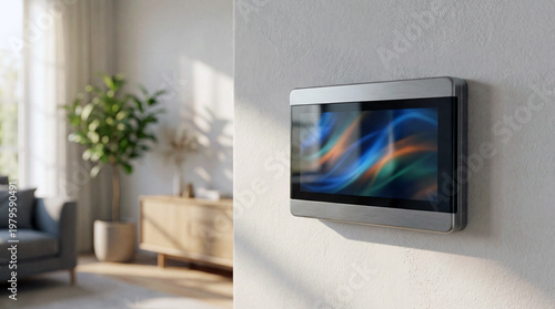 4K Ultra Realistic Modern Smart Home Hub Displaying Abstract Interface On Textured Wall For Technology Concepts