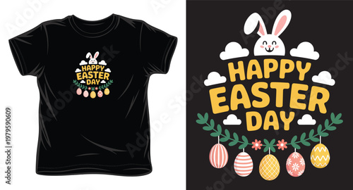Happy easter day minimalist t-shirt design with rabbit face clouds and hanging egg garland.