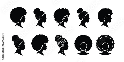Black woman silhouette icons with natural afro hairstyles, set of 10 female profile head vectors, african american hair style collection for beauty branding