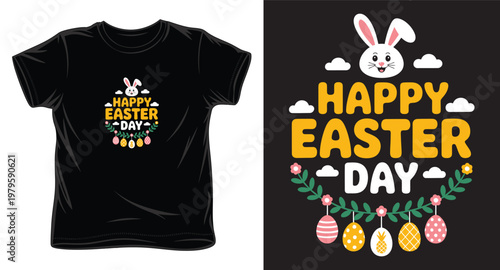 Happy easter day t-shirt design with cute bunny head and hanging decorated eggs on floral wreath background.