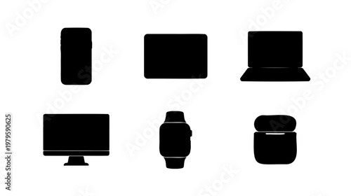 Minimalist digital device silhouettes, 6 electronic gadget icons, black vector tech set