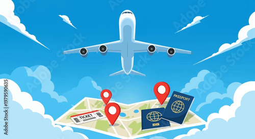 Illustration of airplane flying over a map with travel documents and location markers against a blue sky with clouds.
