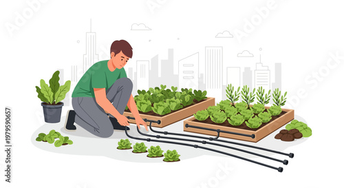 Innovative urban farmer tending to lettuce crops with drip irrigation system overlooking city