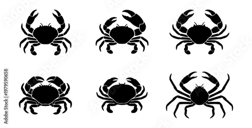 Black crab silhouette icons, set of 6 seafood vector elements, marine animal graphics