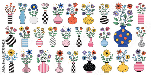 Collection of wild and garden blooming flowers in vases and bottles isolated on white background. Bundle of bouquets. Set of decorative floral design elements. Flat cartoon vector illustration .icon