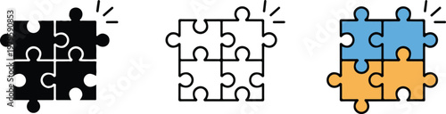 Set of three puzzle piece icons showing connection teamwork concept in black outline and colorful illustration isolated on white background