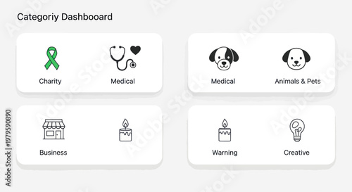 Category Dashboard with Icons for Charity, Medical, Business, Animals, Warming, Creative