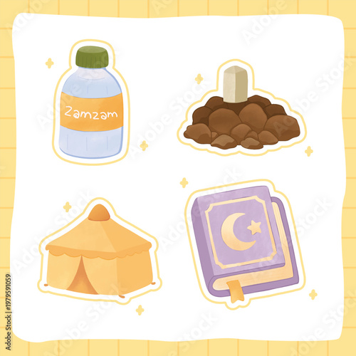 Cute Hajj Sticker Set Zamzam Tent Quran and Qurban Meat Pastel