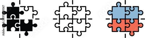 Set of three puzzle piece icons showing connection teamwork concept in black outline and colorful illustration isolated on white background
