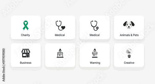 Collection of 8 minimalist flat icons on white background, diverse concepts